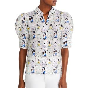Alice & Olivia Willa Printed Silk Puff Sleeve Top
